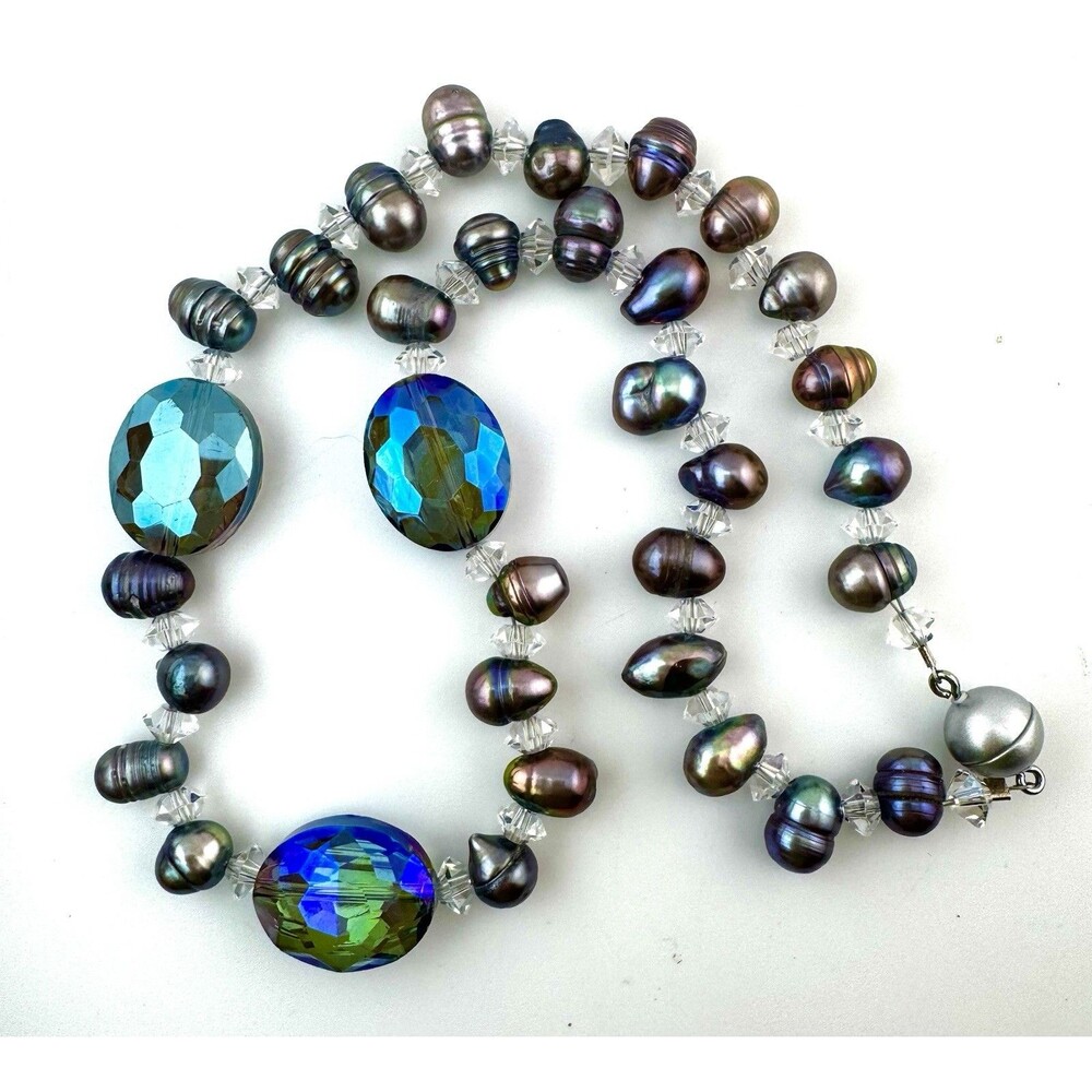 Peacock Pearl Necklace 16” AB Crystal Spacer Iridescent Magnetic Clasp